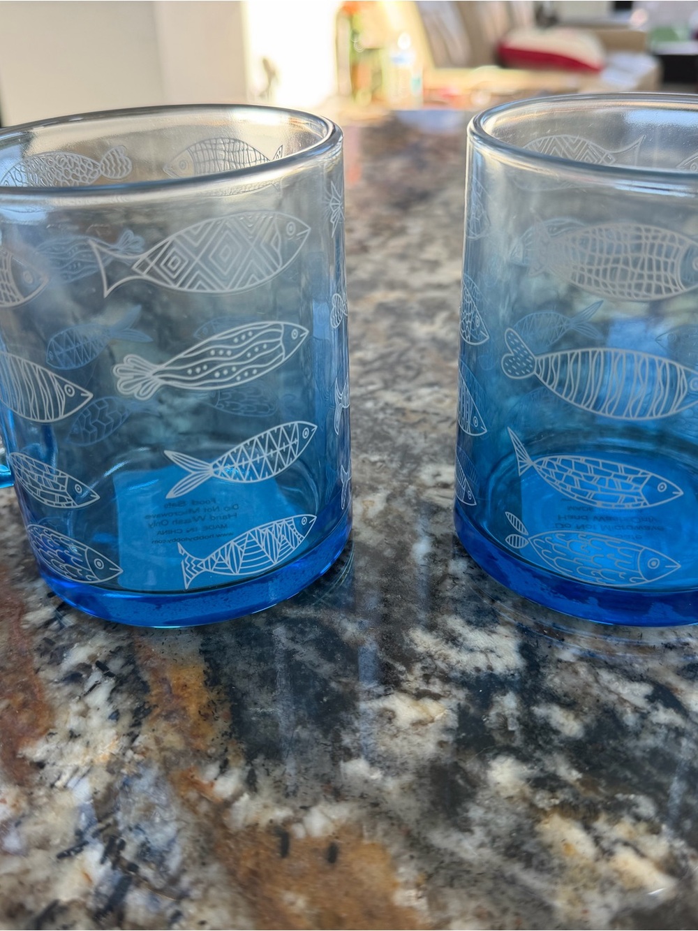 Blue Fish Etched Glass mug Set